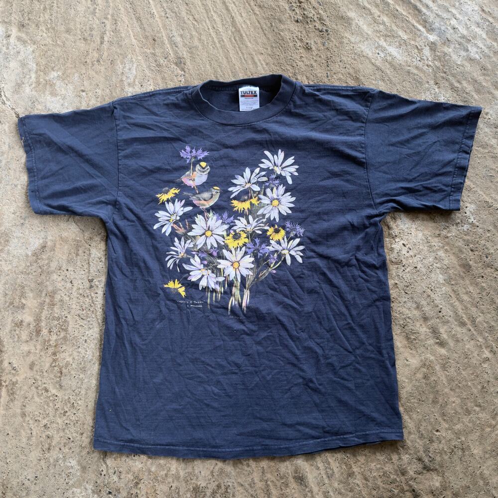 Vintage 90s Daisies Art Tee Shirt Graphic Men's XL Tultex Navy Blue